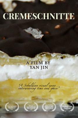Cremeschnitte movie poster. The The title and A Film by Yan Jin over a close up of a cream filled pastry.